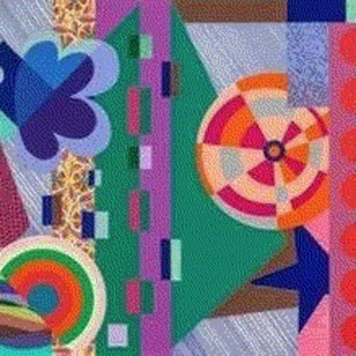 Beatriz Milhazes DOVETAIL , 2019 Woodblock, screenprint gold leaf and handpainting 33 5/8 x 72 3/4 in 85.4 x 184.8 cm Available at Surovek Gallery