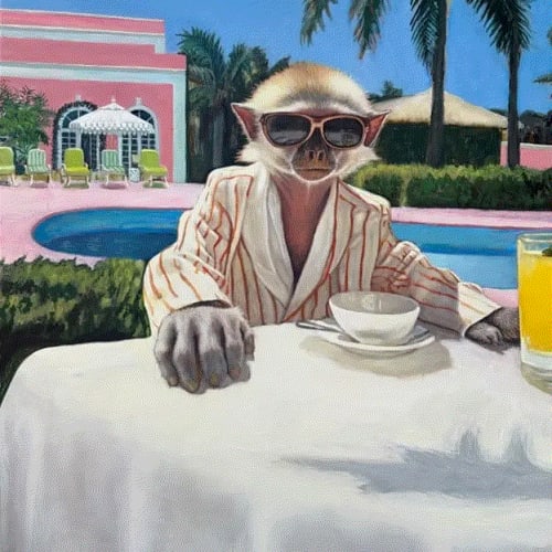 Serge Strosberg MONKEY BUSINESS AT THE COLONY, 2024 Oil and egg tempera painting on linen 40 x 30 in 101.6 x 76.2 cm Available at Surovek Gallery