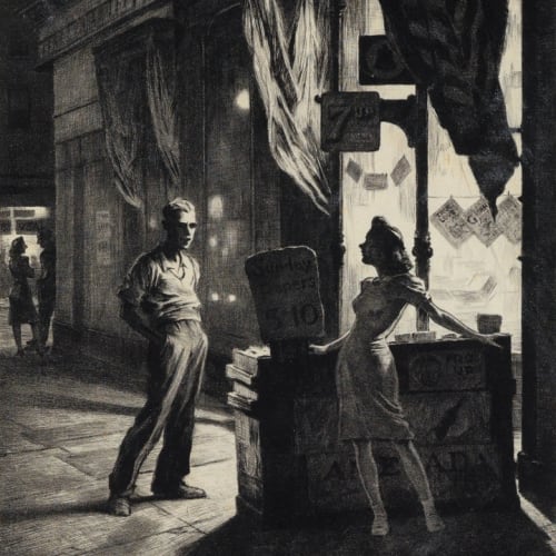 Martin Lewis Chance Meeting,1940-41 Drypoint on paper Signed lower right in pencil For sale at Surovek Gallery