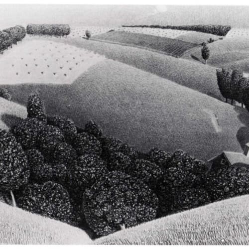 Grant Wood July 15, 1938 Lithograph on wove paper 9 x 11 7/8 inches Edition: 250 Signed in pencil l.r. For sale at Surovek Gallery