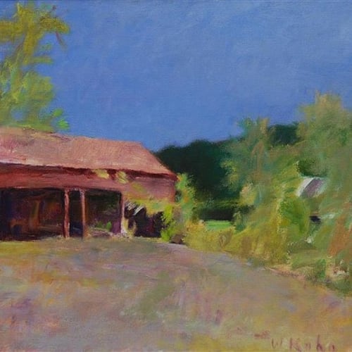 Wolf Kahn Red Shed, Blue Sky, 1987 Oil on canvas Signed lower right 28 x 38 For sale at Surovek Gallery
