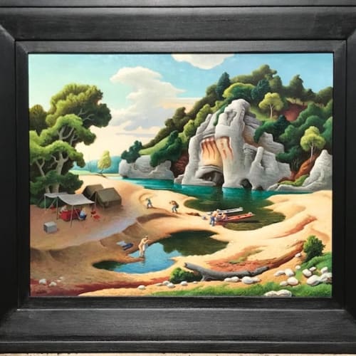 Thomas Hart Benton Fisherman’s Camp, 1968 Oil on Masonite 19 x 23 3/8 inches Dated, titled, signed and inscribed “68 ‘Fishermen’s Camp’ Benton, Buffalo River” (on the upper crossbar) For sale at Surovek Gallery