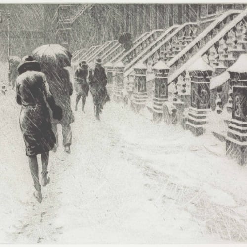 Martin Lewis Stoops in the Snow, 1930 Sand ground etching with drypoint Image size: 10 x 15 inches Sheet size: 13 ½ x 18 ½ inches Edition: 115 Signed in pencil: Martin Lewis (l.r.) For sale at Surovek Gallery