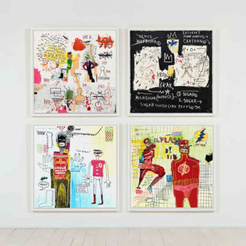 Jean-Michel Basquiat Superhero Portfolio of Four, 2022 Titiles: Riddle Me This, A Panel of Experts, Piano Lesson, Flash in Naples Hand pulled screen print, 40 x 40 inches Edition: 85 Signed, stamped by the Basquiat Estate, verso For sale at Surovek Gallery
