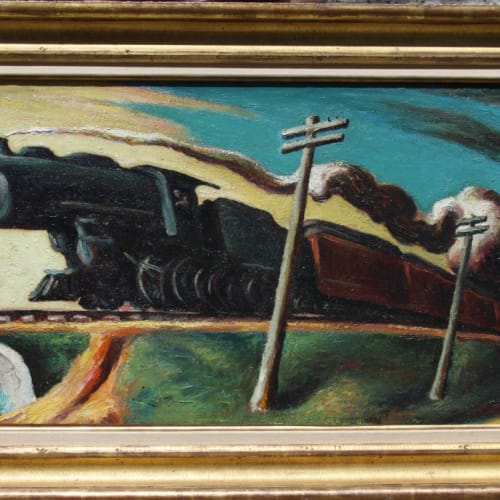 Thomas Hart Benton Going West Oil on canvas laid down on board, 20 ½ x 41 ¼ inches, Signed For sale at Surovek Gallery