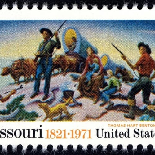 In 1971, the Post Office Department issued a stamp commemorating the 150th anniversary of Missouri’s statehood. On the stamp is an image from a mural at the Truman Library created by Thomas Hart Benton.