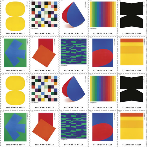 In honor of what would have been Ellsworth Kelly’s 96th birthday, the United States Postal Service released a set of 20 postage stamps bearing his works.