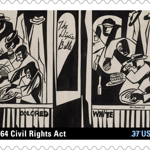 A detail from Dixie Café by Jacob Lawrence, was issued in 2005 on a stamp commemorating the 1964 Civil Rights Act.