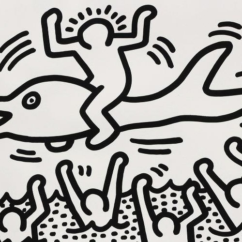 Keith Haring Man on a Dolphin, 1987 Lithograph, 29 1/2 x 35 3/8 inches, Edition: 113/170 Pencil signed and numbered For sale at Surovek Gallery