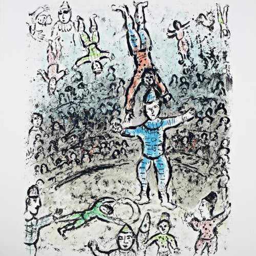 Marc Chagall Acrobats, 1984 Lithograph, Plate 24 x 18.7 inches, Sheet Size 32 x 25 1/2 inches Signed and numbered 24/50 Mourlot 1031 For sale at Surovek Gallery