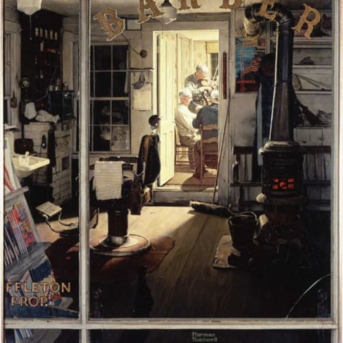 Norman Rockwell Shuffleton’s Barbershop, 1950 Oil on canvas, 31 x 33 inches, Cover illustration for The Saturday Evening Post, April 29, 1950. Collection of the Berkshire Museum ©SEPS: Curtis Publishing, Indianapolis, IN.