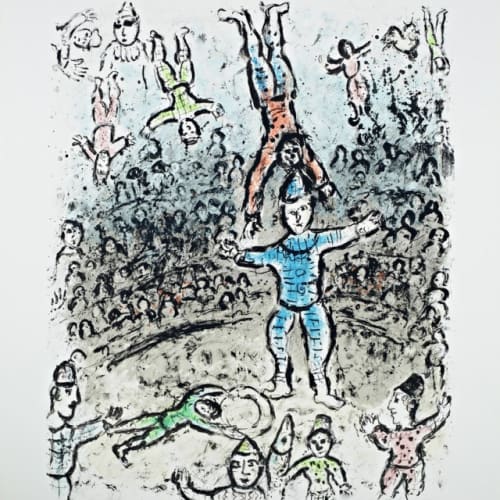 Marc Chagall Acrobats, 1984 Lithograph, Plate 24 x 18.7 inches, Sheet Size 32 x 25 1/2 inches Signed and numbered 24/50 For Sale at the Surovek Gallery