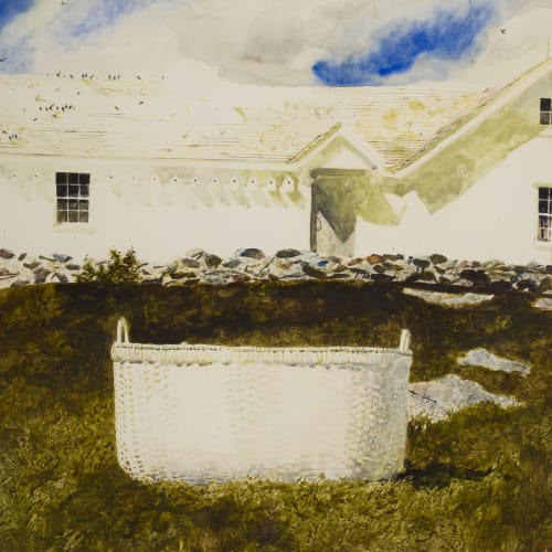 Jamie Wyeth (b. 1946) 낸턱킷 바구니, 1991년 종합 매체를 사용한 종이 작품, 58.4 x 73.7 cm.