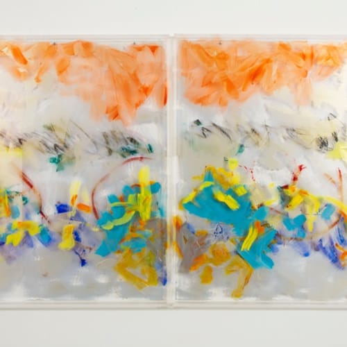 Danielle Frankenthal Morning Mist, 2022 Acrylic and interference paint plus oil stick on acrylic panels Diptych 48 x 74 " installed