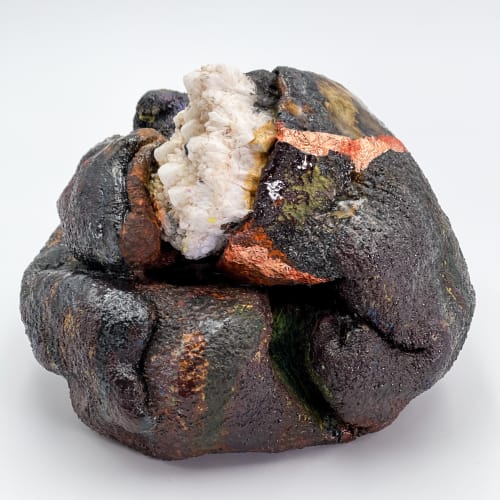 Ashwini Bhat, Liquid Earth Series: 3, glazed ceramic, quartz crystal, and gold leaf, 6 x 7 x 7.5 inches, 2021