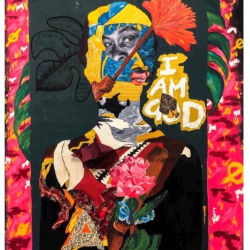 Giggs Kgole, God Ke Mama, 2019, Oil and Charcoal on Black Linen, Collage with Fabric
