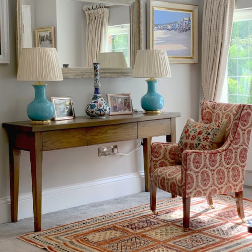 Ivory Silk Lampshades on Christopher Spitzmiller Blue Lamps