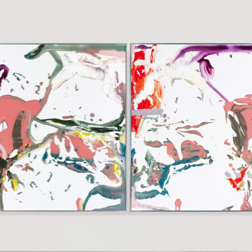 Michael Müller Nr.1 & 2, Verschränkte Werke Acrylic and lacquer on glass and alu-dibond, 206 x 167 x 6 cm x 2, 2019