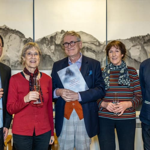 At the Opening Reception, President of Clare Hall, Cambridge, Professor Alan Short (center) Art Committee Chair, Professor Frances Spalding (second from the right) Secretary of the Art Committee, Dr. Fiona Blake (second from the left) Dr. Mun-Kit Choy, Guest Curator (first from the left ) The artist from Cambridge, Church (first from the right)
