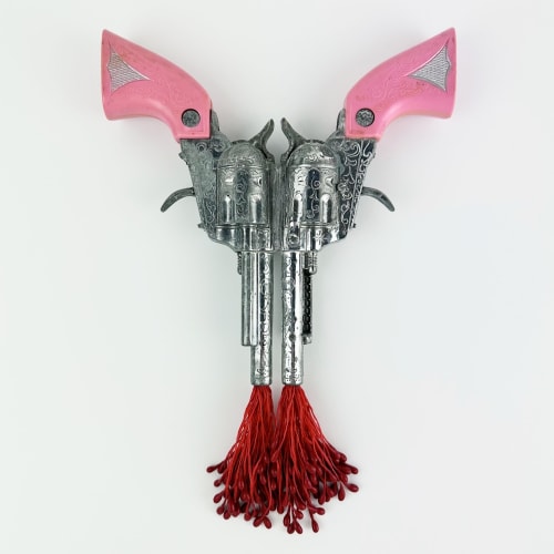 Suzanna Scott Laissez-faire, 2024 Toy guns, artificial sinew, encaustic wax, epoxy 11 x 7 x 1 1/4 in 27.9 x 17.8 x 3.2 cm Unique