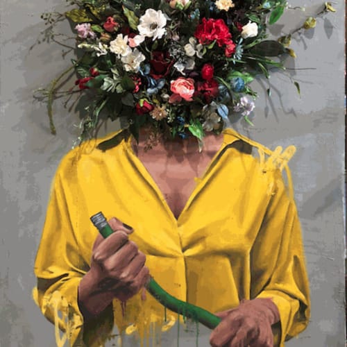 Sage Barnes Greener, 2019 Acrylic, spray paint and faux flowers on canvas 41 x 53 in 104.1 x 134.6 cm Unique