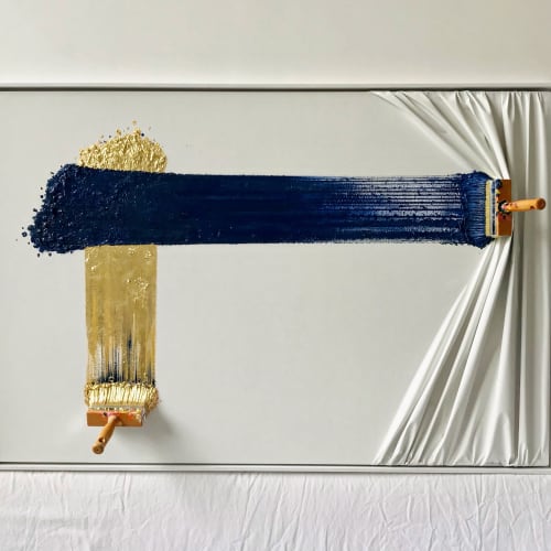 Jean-Paul Donadini Brosses arrêtées gold and blue , 2023 Acrylic and mixed media on canvas 57 1/2 x 38 1/4 in 146 x 97 cm Unique