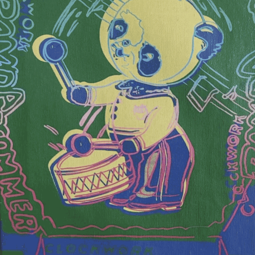 Clockwork Panda Drummer , from Toy Paintings, 1983 Acrylic and silkscreen Ink on Canvas 14 1/8 x 9 in 36 x 23 cm Series: Toy Paintings