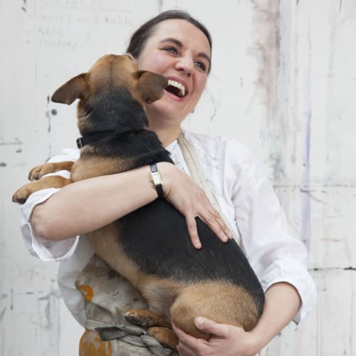 Sophie Charalambous with Theo, her studio companion.