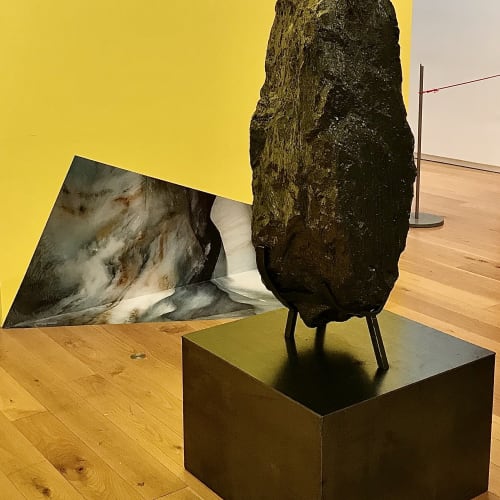 Elaine Byrne Blazing World 2020 combinatory coded narrative video, adhesive photo and sculpture ( rolled steel and anthracite coal)