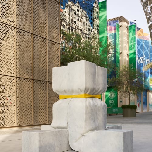 Installation view of Shaikha Al Mazrou, The Plinth, 2021, Carrara marble and steel, 196 x 267 x 269 cm © Shaikha Al Mazrou 2021. Commissioned by Expo 2020 Dubai. Expo 2020 Dubai Collection