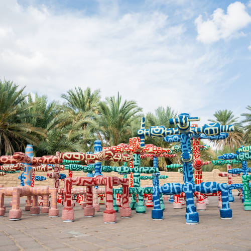 Mohamed Ahmed Ibrahim, 'Al Ain Oasis' Installation, Al Ain Oasis Farm, Abu Dhabi, UAE, 2023. Courtesy of the artist, Abu Dhabi Art and Lawrie Shabibi.