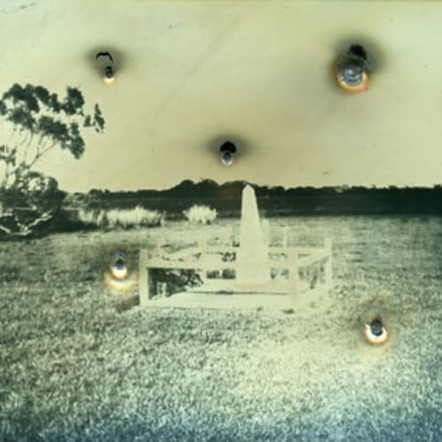 James Tylor  Whalers, Sealers and Landstealers (The Grave of William Dutton), 2014  Becquerel Daguerreotypes with 410 and 12 gauge shotgun holes  11 x 14 cm