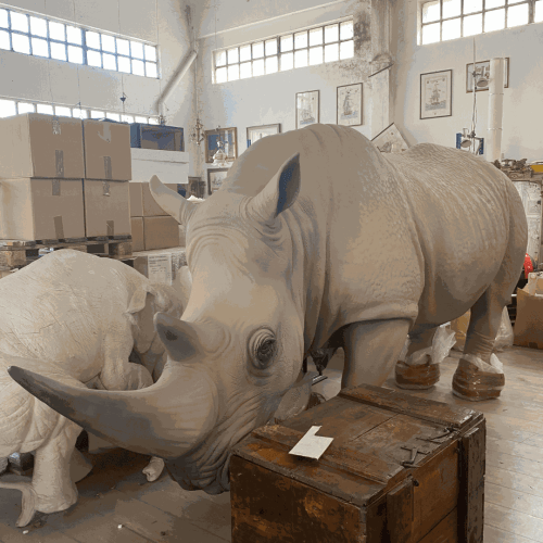The rhino from Il Peso del Tempo Sospeso at the artist's studio of Stefano Bombardieri