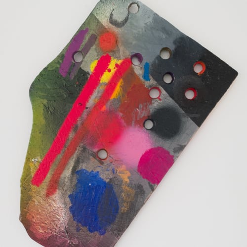 Katy Cowan, night, hole, pallet (2019). Oil and enamel paint, graphite on cast aluminum, 18 x 11 1/4 x 1...