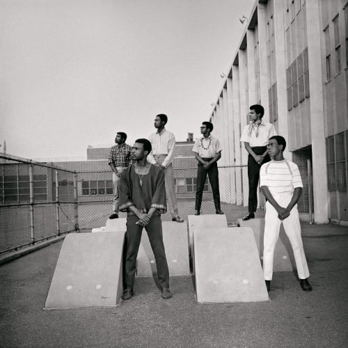 Untitled (Men at photoshoot at a school in the 1960s), 1966. Credit Kwame Brathwaite/Courtesy of Philip Martin Gallery, Los Angeles