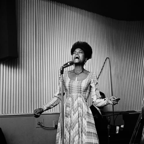 Kwame Brathwaite, Untitled (Abbey Lincoln singing at an AJASS event, Harlem) (1964). Image courtesy of the artist and Philip Martin...