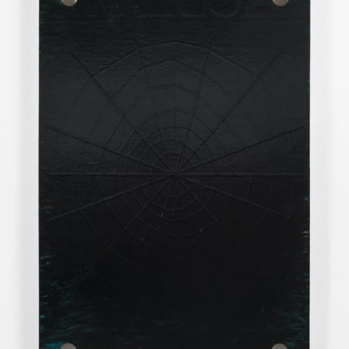 Michael Rey, "ZOPTUN (Astrolopico)" (2020). Oil, tape, and vinyl on panel, 46 x 32 inches. Photo: Jeff McLane.