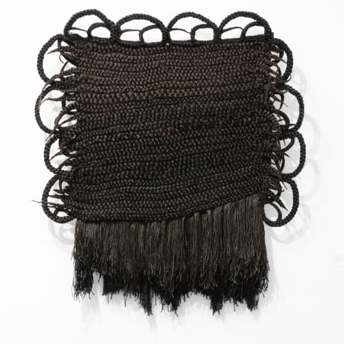 Joanne Petit-Frère, "Tapestry of Braids #1 (Woven while Discovering bell hooks on YouTube)," (2020). Synthetic hair, thread, wire, 54 x...