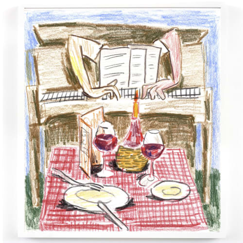 Edgar Bryan, "Dinner at La Pergoletta," (2020). Colored pencil on paper, unframed, 9 7/8 x 8 3/4 inches.