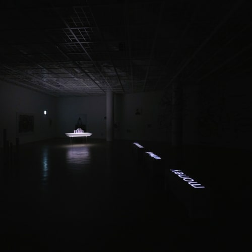 Installation view of Equation = TIME and/of Evolution in City, at the exhibition‘Money Without Nationality’ Art Sonje Center, 2017, [the exhibition space under dark condition] https://vimeo.com/247592715