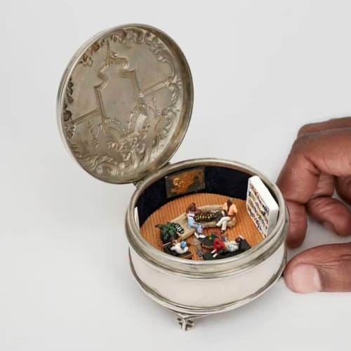 Curtis Talwst Santiago, What you doing? Just chilling with some friends, 2017. Mixed-media diorama in Edwardian silver jewelry box. Collection...