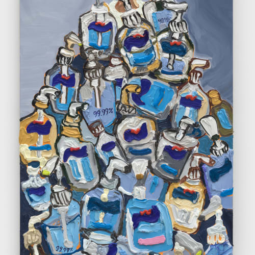 Purell Tower, 2023, Oil on linen panel, 58” x 25”. Courtesy the artist and Rachel Uffner Gallery. Photo by JSP...