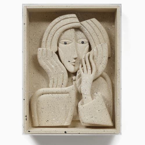 Mother, from 2023, reimagines the traditional “bust” sculpture as a relief painting. Courtesy Document