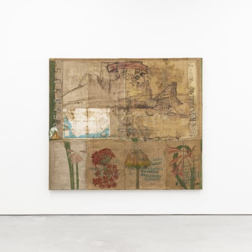 Installation View, Vivienne Koorland, PEGASUS, 2020, Oil paint, printed roadmap from 1960, on stitched linen and burlap Image courtesy Adriaan Hauwaert