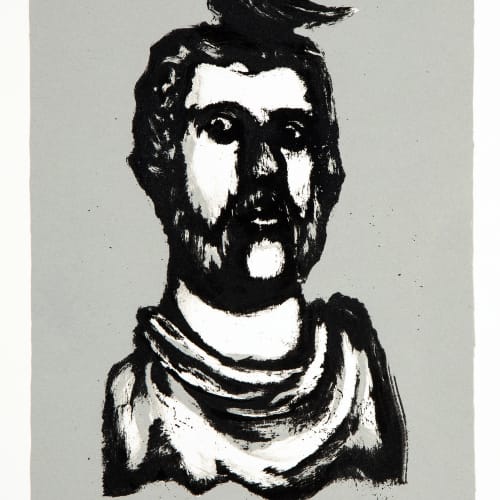 Mychael Barratt black and white print on a grey background of an emperors head, a black bird comically rests on his head as the emperor expresses an alarmed look on his face.