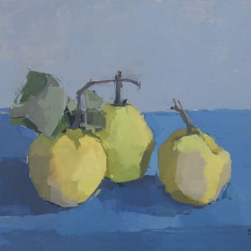 Still life painting by Sarah Spackman of 3 light green apples against a blue background.