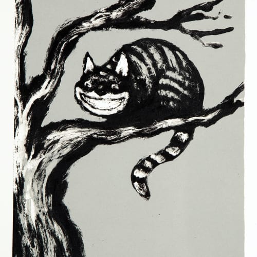 Mychael Barratt, black and white silkscreen of a stripped cat sat in the branches of a tree