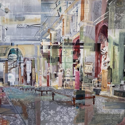 Alison Pullen mixed media piece. A view of a grand hall lined with antique sculpture, colours in verdigris green and deep pink.