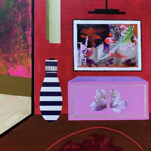 A semi abstract painting of a colourful room, painted using bright reds, pinks, green and gold. On the centre-left is a black and white striped vase. On the right, towards the bottom third of the painting is a pink trunk or chest, decorated with pink peta