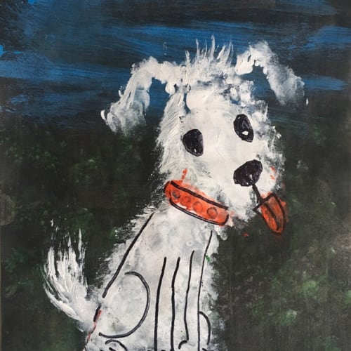 A child's painting of a small white dog against a dark blue-ish black background